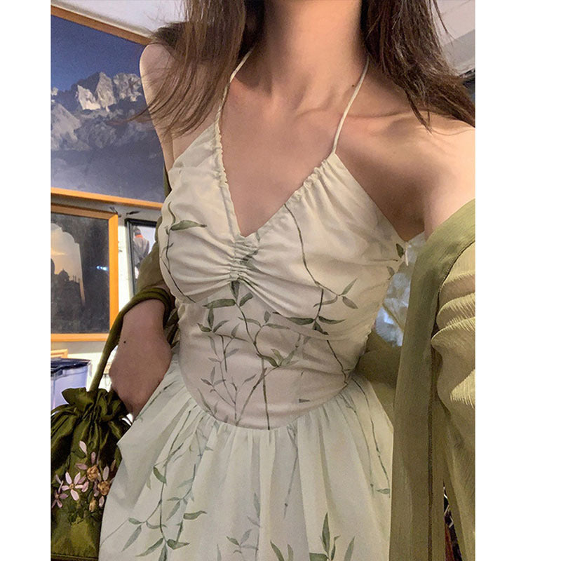 New Chinese Style Halter Spaghetti Straps Temperament Printed Long Dress