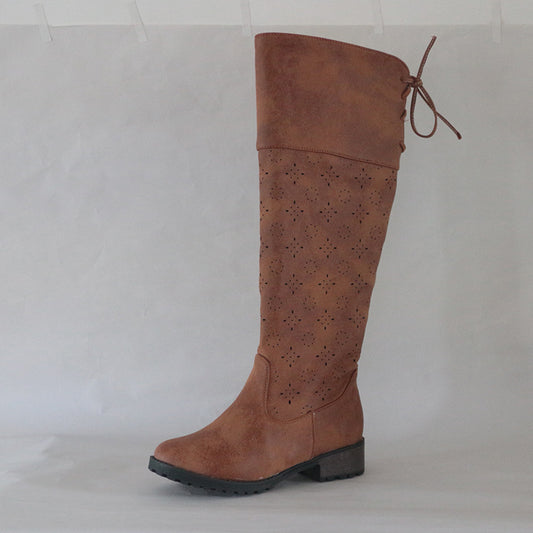 Autumn And Winter Low-heeled Hollow Burnt Half Zipper Knight Boots