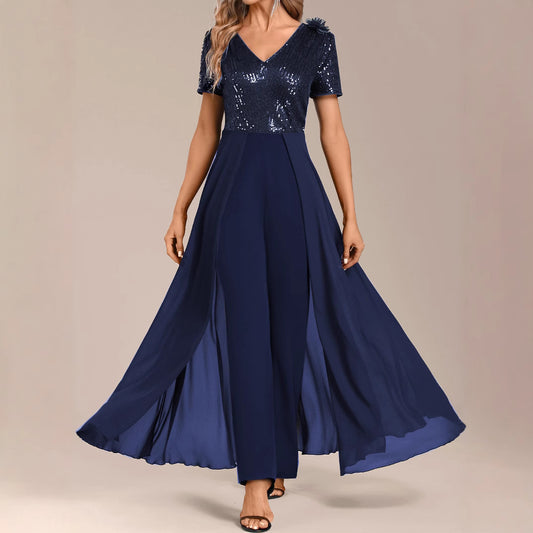 Ensfarvet chiffon-jumpsuit til kvinder med pailletdetaljer