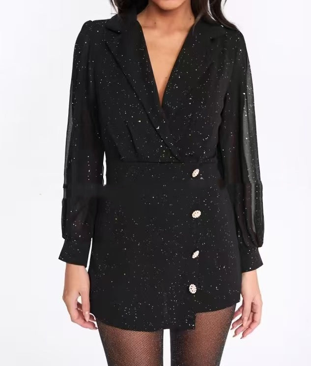 Mesh V-neck Sequin Lantern-sleeve Jumpsuit