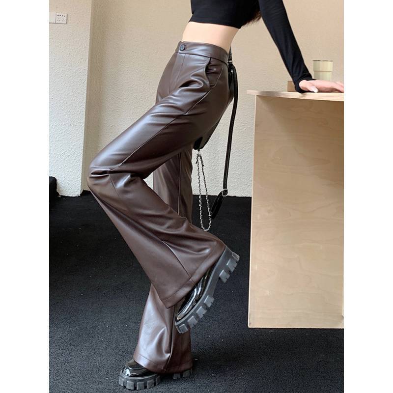Slim Fit Læder Bootcut Bukser Slankende Højtaljede Casual Læderbukser