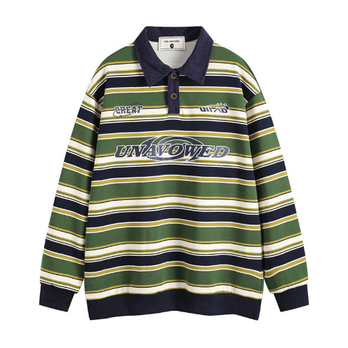 Vintage Matcha Green Striped Sweater Polo Collar Jacket