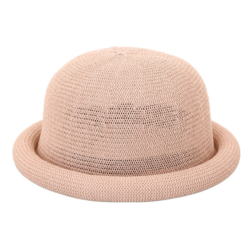 Women's Straw Yarn Curled Brim Round Crown Top Hat Leisure Basin Hat