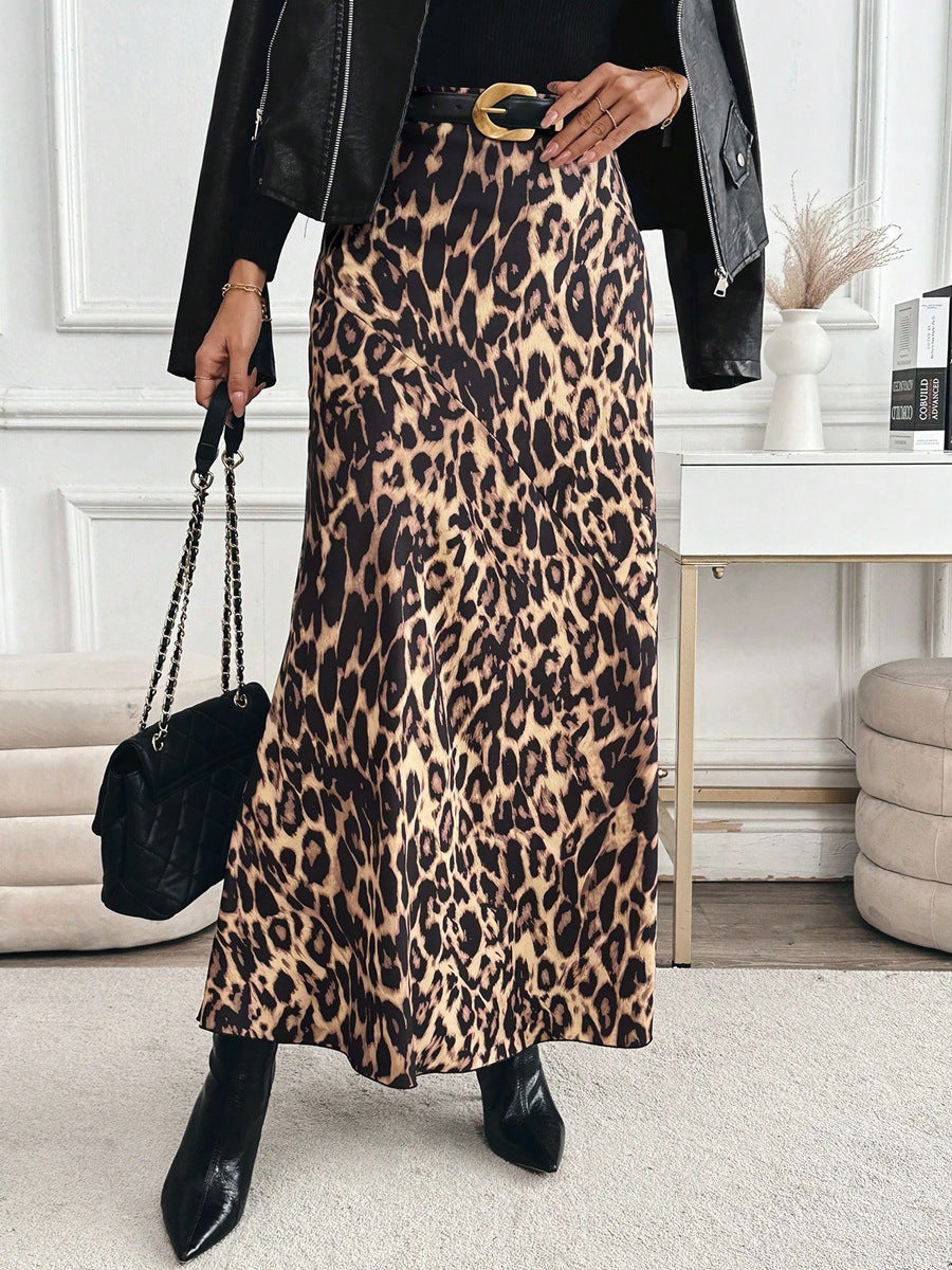 Slimming Leopard Print Skirt High-waisted Loose Long Dress With Print