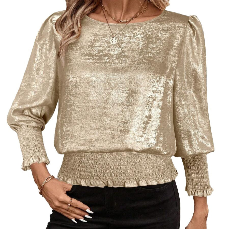 Round-neck Gold-stamped Elasticized Mid-sleeve Pullover Shirt