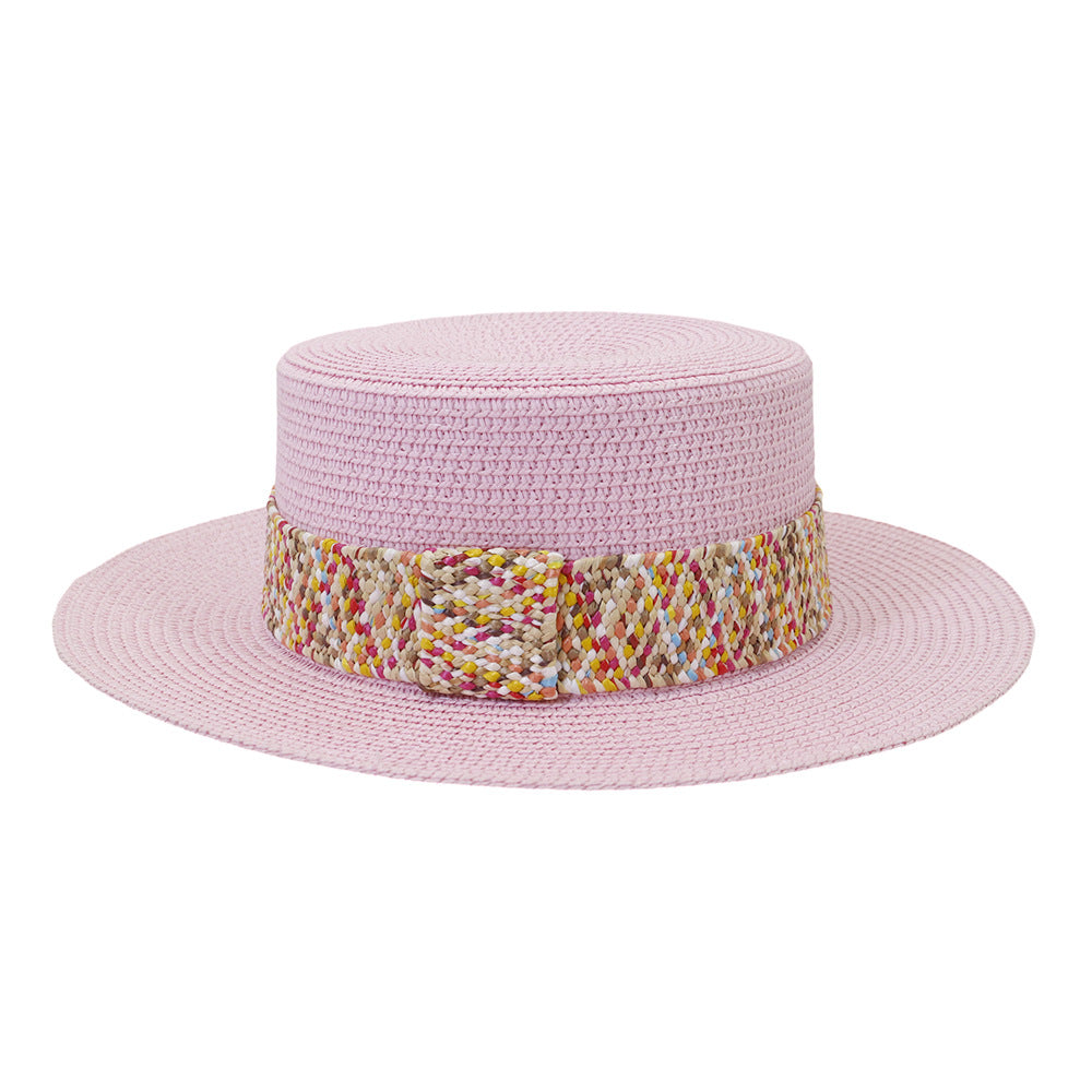 Color Flat Top Straw Hat Outdoor Travel Sunscreen