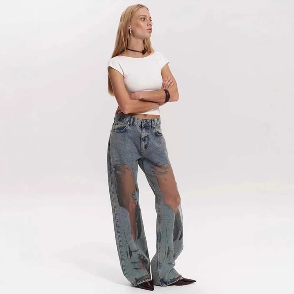 Retro bukser med lige ben, udhulet tekstur, niche-design-jeans, Y2g-bukser med vide ben