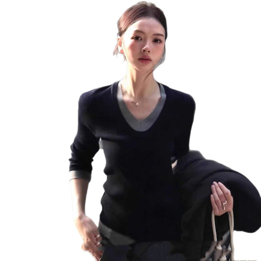 Korean Style Fake Two-piece V-neck Knitted Bottoming Shirt
