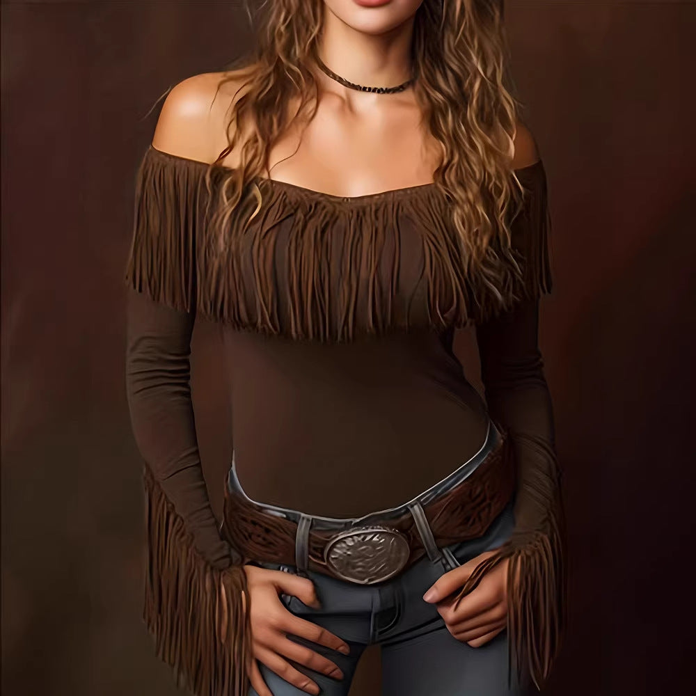Fringed Top With Long Sleeves Vintage Form-fitting And Sexy