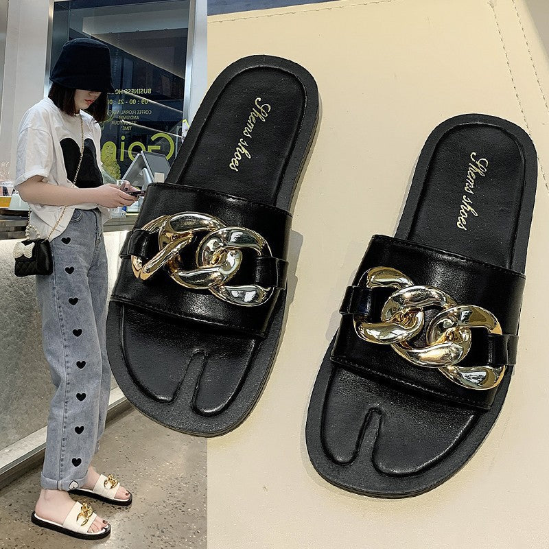 Casual One-word Female Drag Metal Chain Lazy Sandals