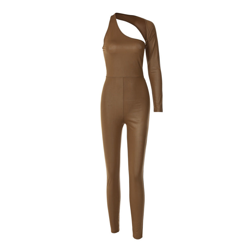 Women's Hollow PU Leather Fashion Trend Tight-fitting Jumpsuit