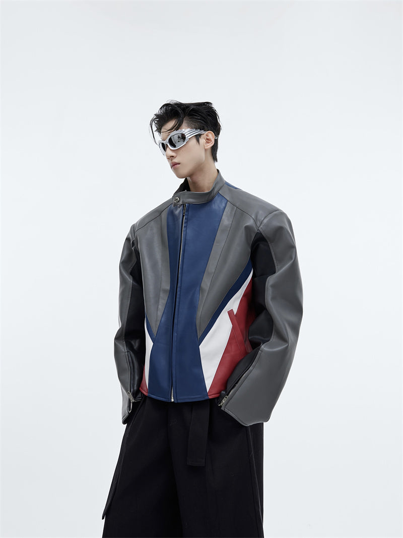 Men's Splicing Color Motorcycle Suit PU Leather