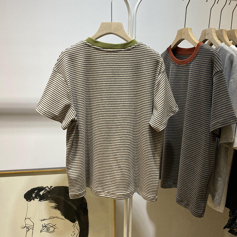 European And American Style Striped Short-sleeved T-shirt For Women