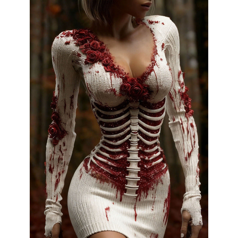 New Digital Dress With A V-neck And Long Sleeves