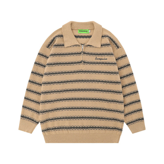 Crocheted Striped Lapel Sweater Men's European And American Loose