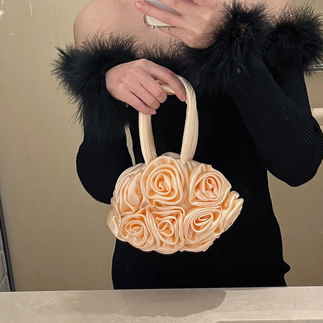 Retro Håndholdt Skrå Håndlavet Blomst Rund Taske