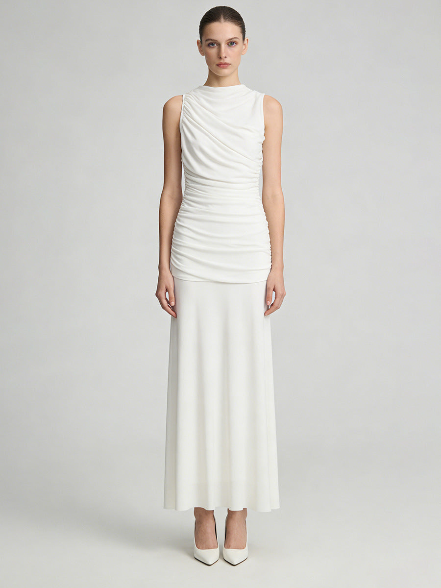 Sleeveless Turtleneck Dress With Gathered Waist
