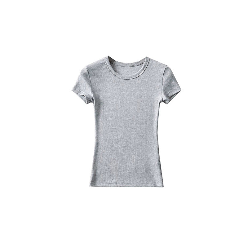 Basic Style Round Neck Tight Stretch Solid Color Short Sleeve T-shirt Top
