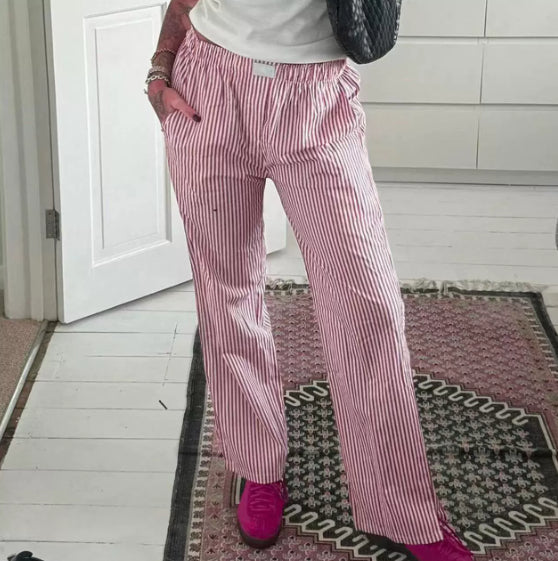 Striped Printed Elastic Waist Drawstring Pocket Straight Casual Trousers