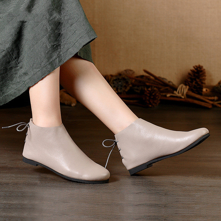 Handmade Leather Short Boots Women's Soft Leather Temperament Nude Boots Retro Flat-bottomed Plus Velvet Women's Boots