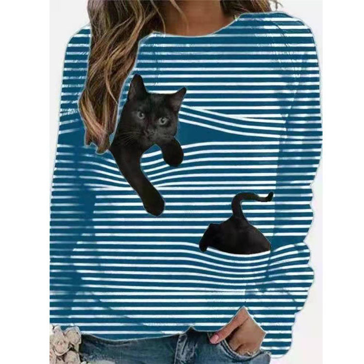 Cartoon Pattern Round Neck Stripe Long Sleeve T-shirt 3D