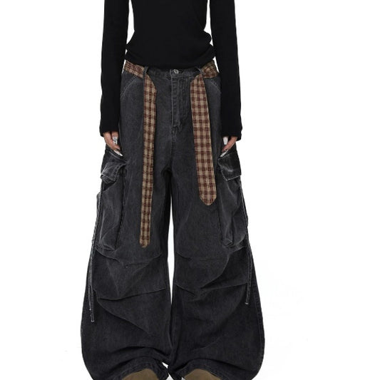 Womens Plaid Belted Stacked Distressed Straight-Leg Wide-Leg Pants