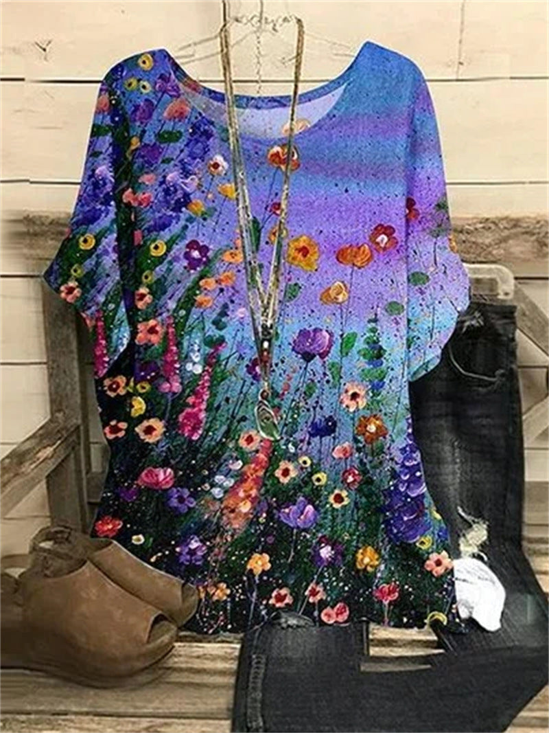 Pattern Printed Loose Short Sleeve Round Neck Shirt