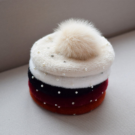 Rhinestone Mink-like Wool Beret Japanese Style Sweet And Cute Painter Cap