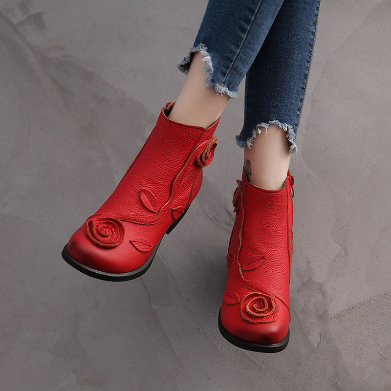 Chunky heel genuine leather ethnic style mid-heel Martin boots, handmade