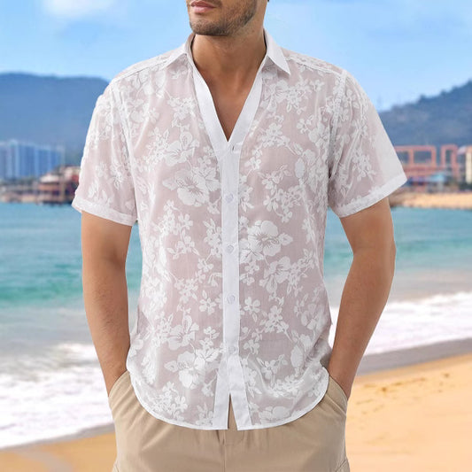 Hawaiisk Jacquard Skjorte Transparent Udskæring Kortærmet Tynd Ferie Strandskjorte