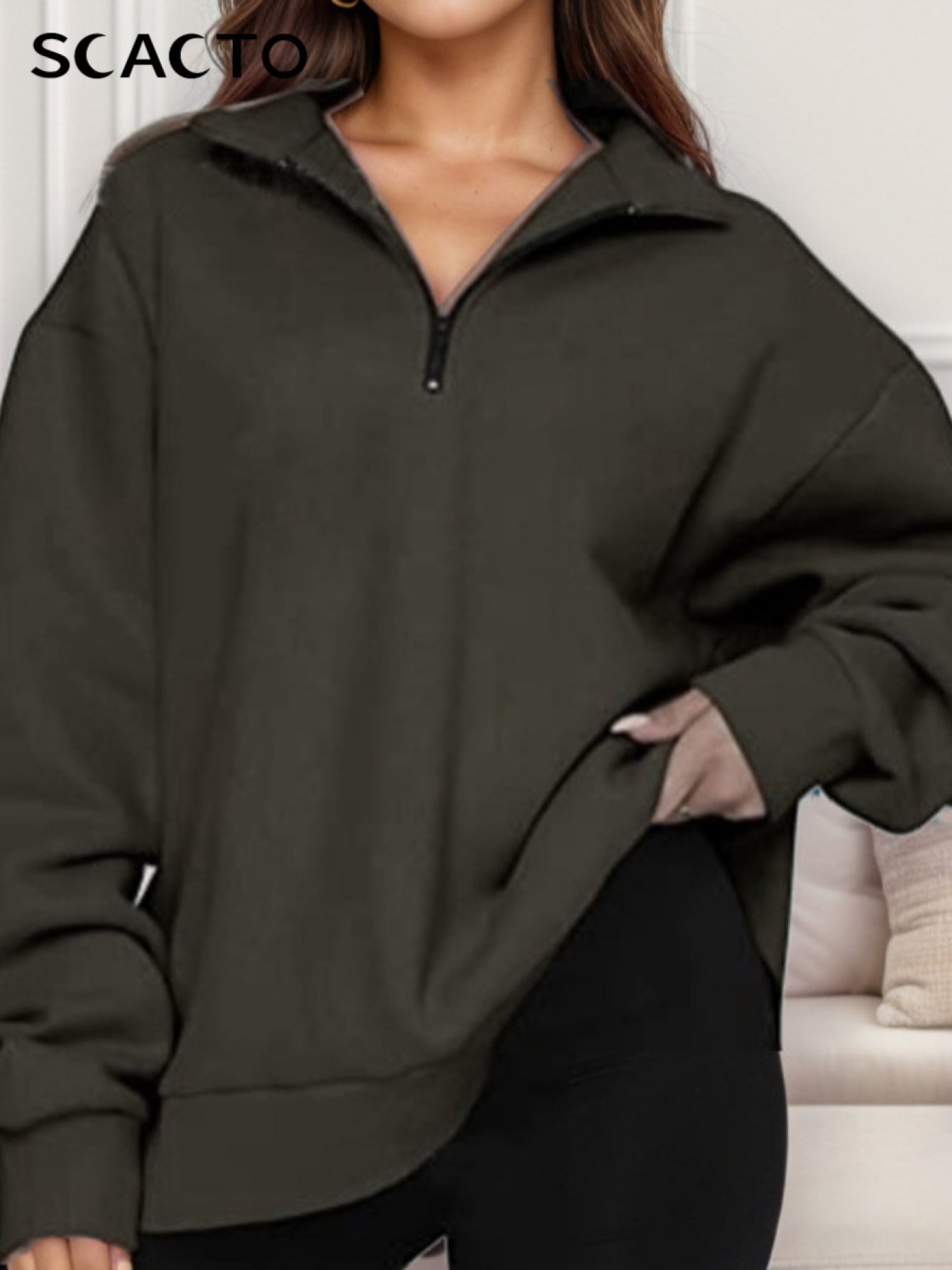 Casual Top Half Zipper Pullover Long Sleeved Sweatshirt