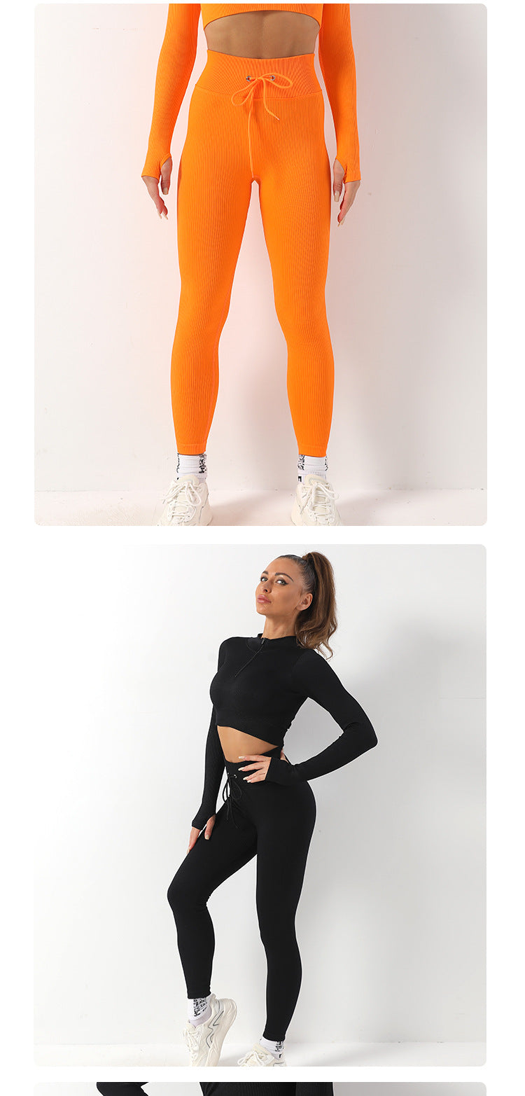 Seamless Zipper Tight Long Sleeve Hip Lifting Drawstring Yoga Suit