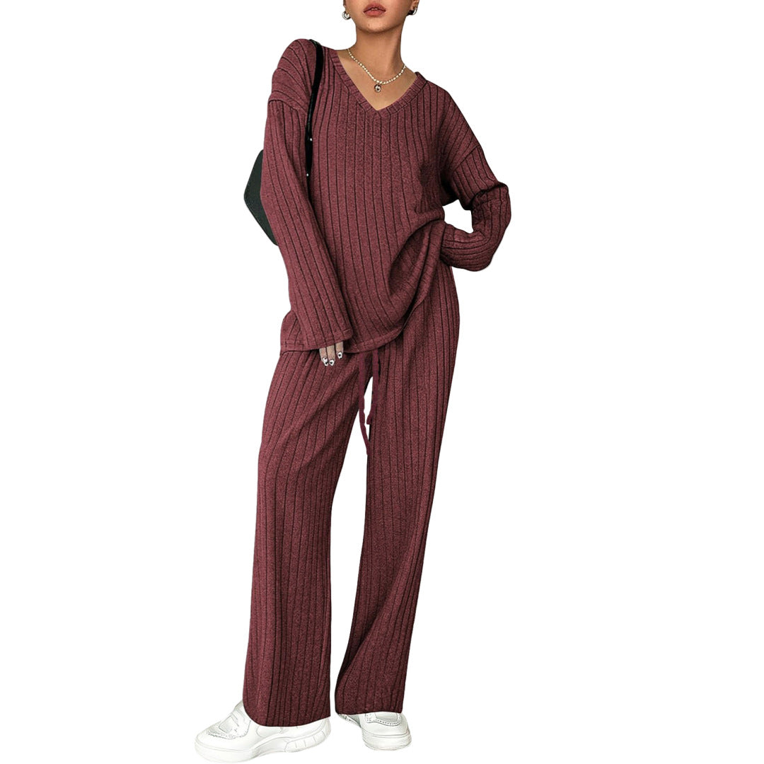 Autumn And Winter Suit Sunken Stripe Brushed Comfortable Loose Pajamas Ladies' Homewear Two Pieces