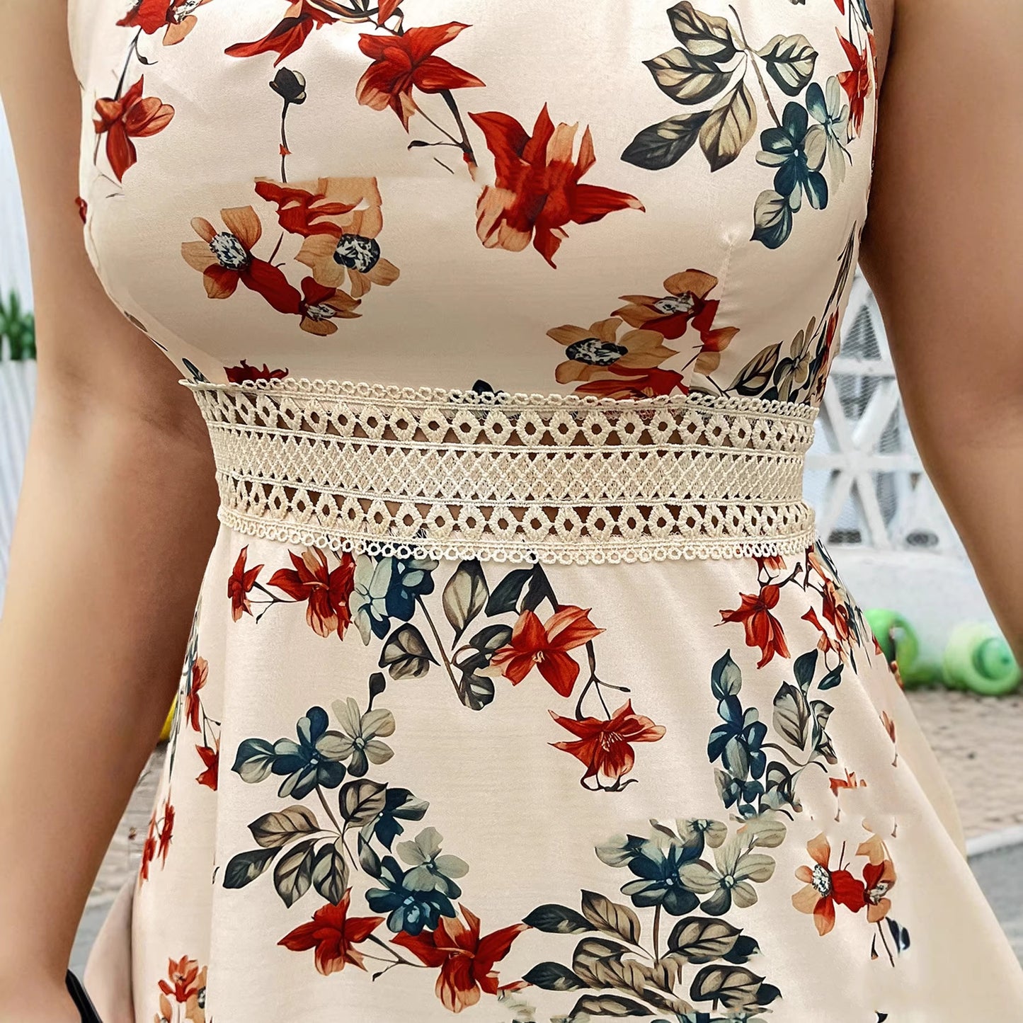 Plus-size Womens Floral Print Lace Summer Holiday Dress