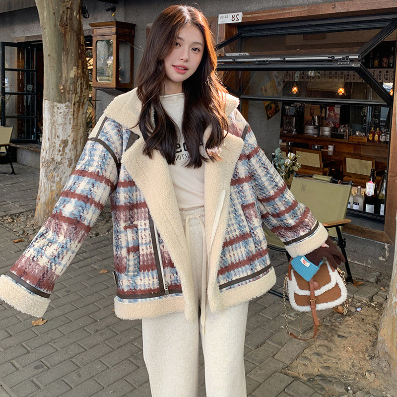 Retro Plaid Stand Collar Loose Fur Short Coat For Women