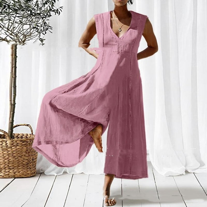 Loose V-neck Long Sleeveless Jumpsuit For Women