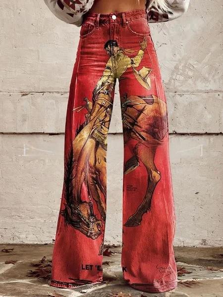 printed Retro Sunflower Guitar Art-style Womens Wide-leg Flared Denim Jeans 3D