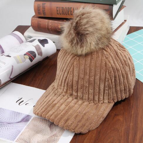 Ladies Fur Ball Solid Color Corduroy Hat