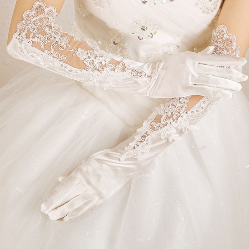 New Bridal Wedding Dress Gloves Banquet Satin Lace Embroidered