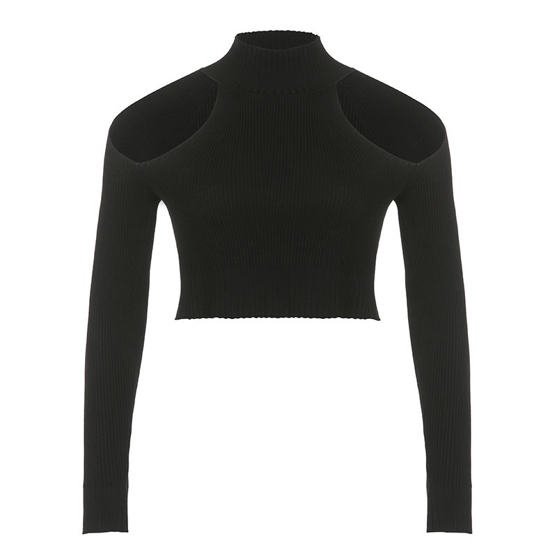 Street Style Personality High Neck Shoulder Cut Out Long Sleeve T-shirt Lady