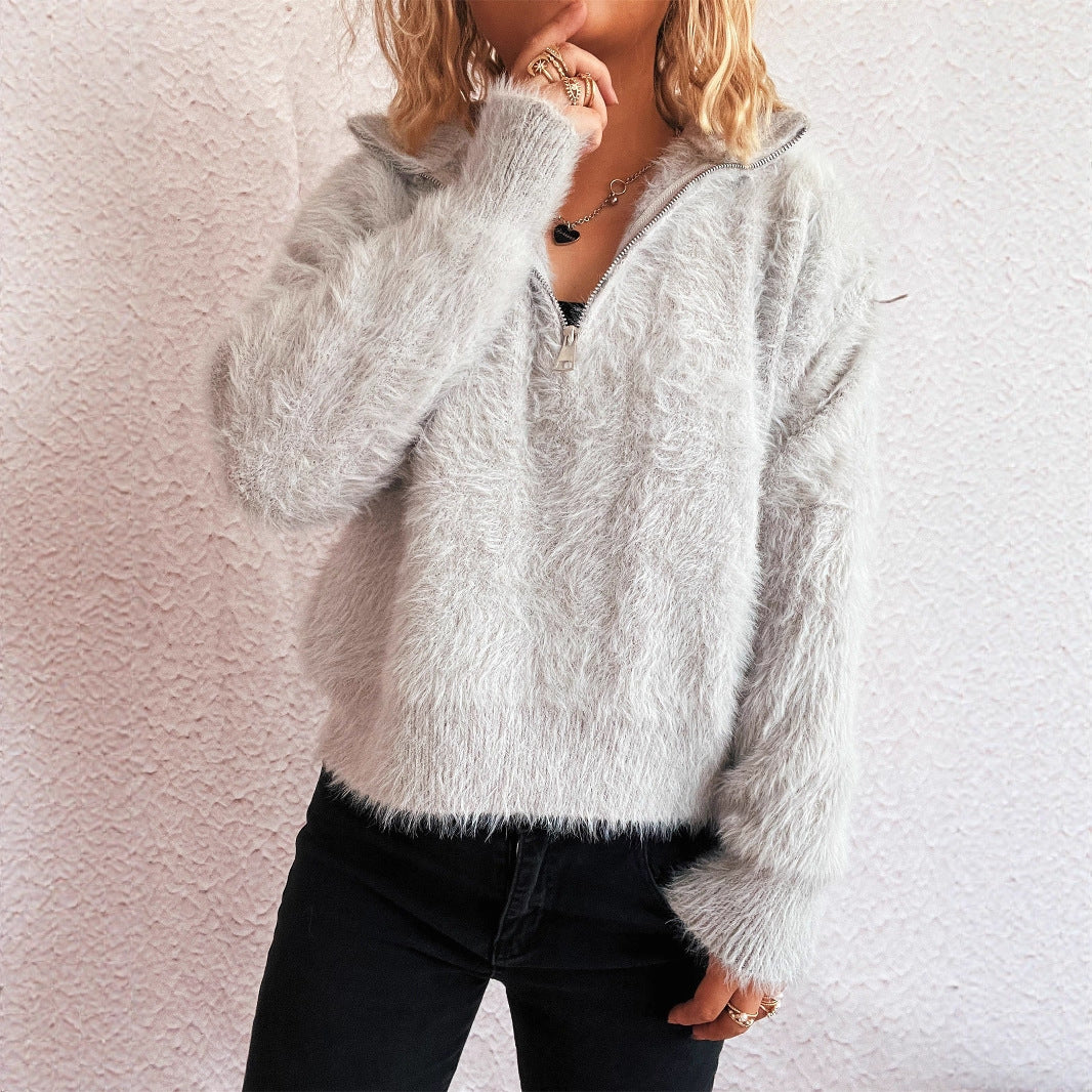 Casual Polo Collar Half Zipper Knitted Commuting Fashion Women's Sweater