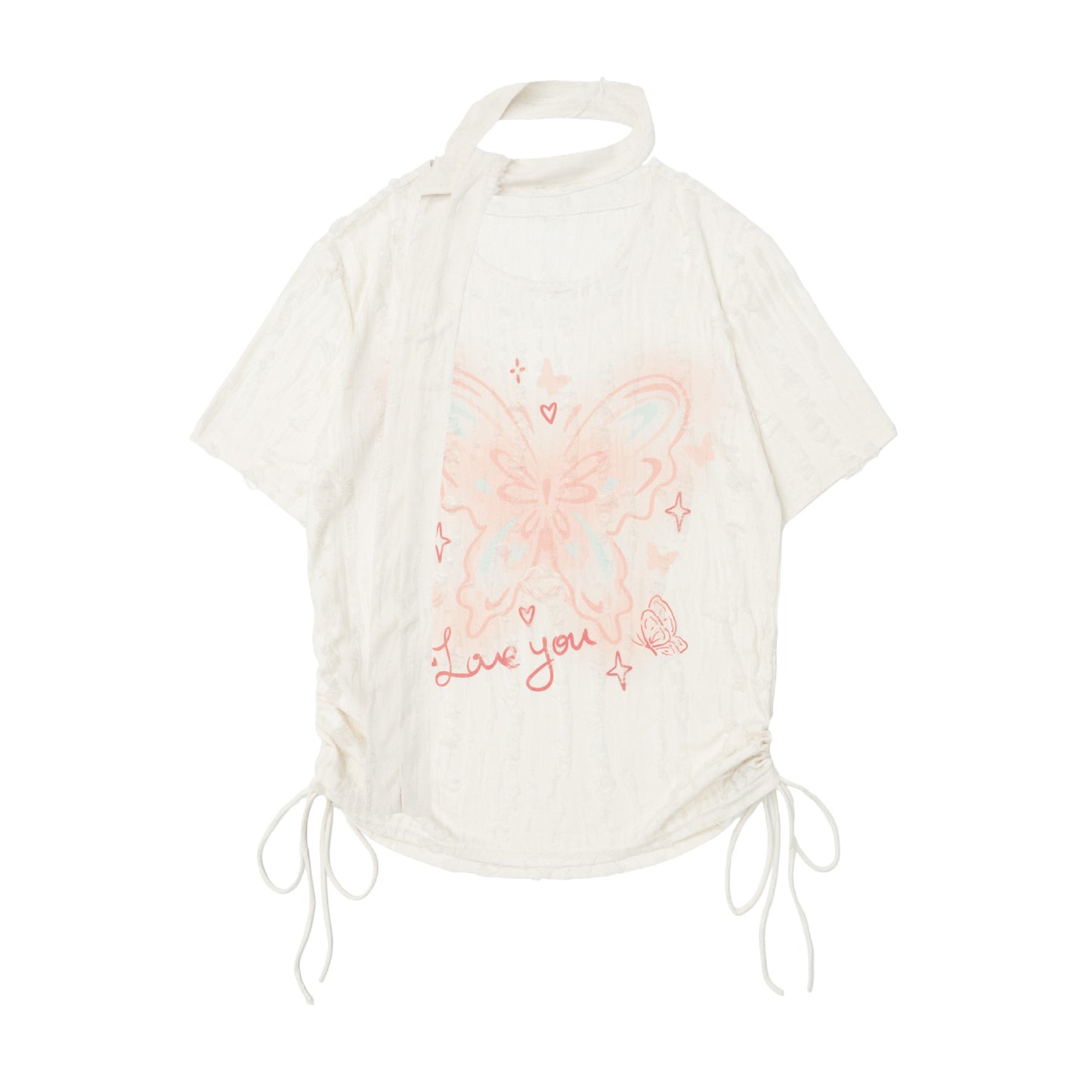 Butterfly Embroidered Korean Drawstring Half Sleeve Top