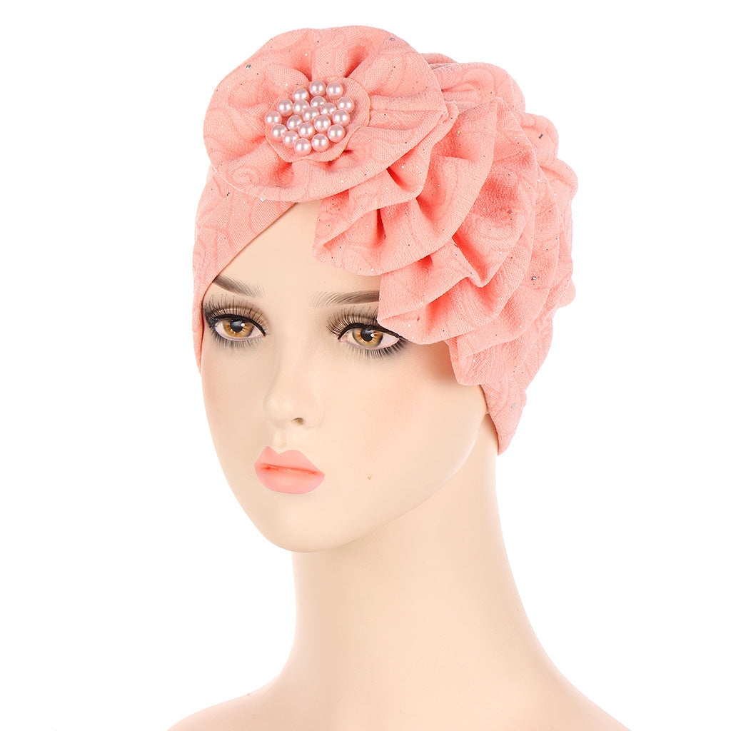 Flower Sprinkled Gold Creased Long Strip Single Side Decal Turban Hat
