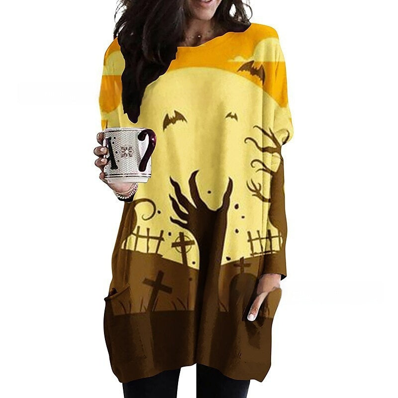Women's Round Neck Mid-length Long-sleeved T-shirt With Pockets