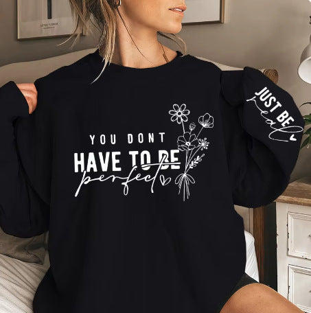 Pullover Rund Hals Lange Ærmer Blomster Bogstavprint Sweatshirt