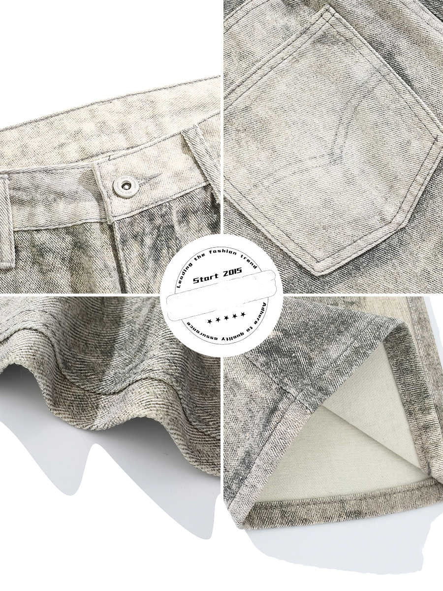 Tie-dyed Waste Soil Worn Jeans Holes Slightly Pull Mop Pants