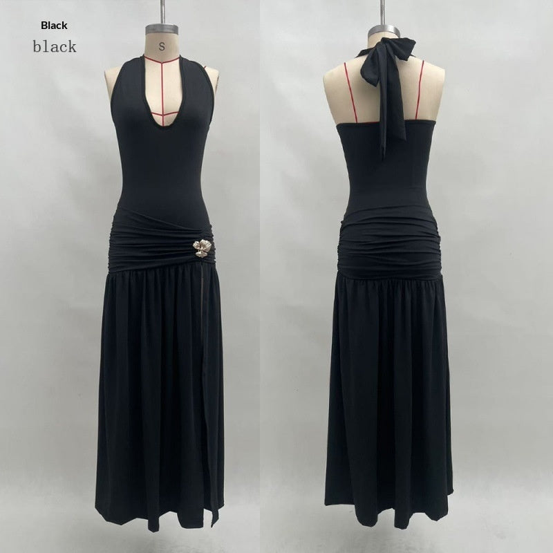 Womens Halterneck Backless Slim Fit Solid Color Split Dress