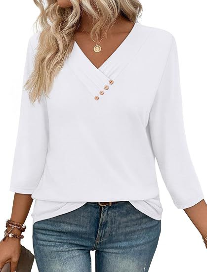 Europæisk og amerikansk ny efterårs dametøj, knap-V-hals, moderigtig, afslappet langærmet T-shirt