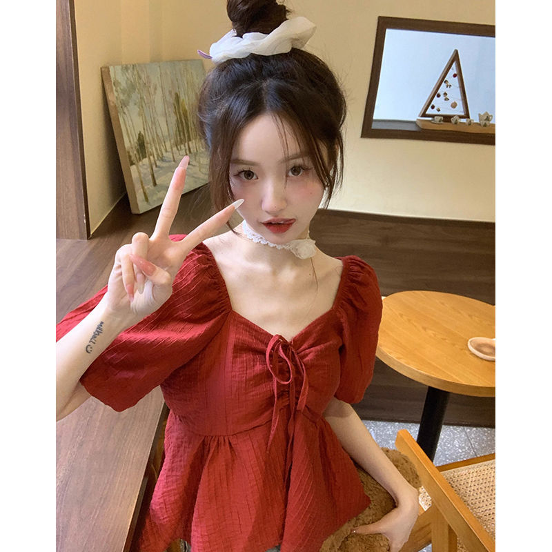 Women's French Sweet V-neck Short-sleeved Shirt
