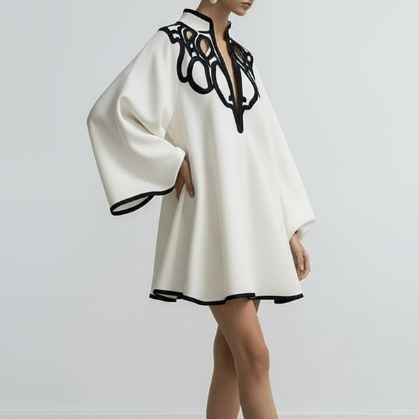 Loose-fitting Color-block V-neck Fashion Dress With Lace Trim